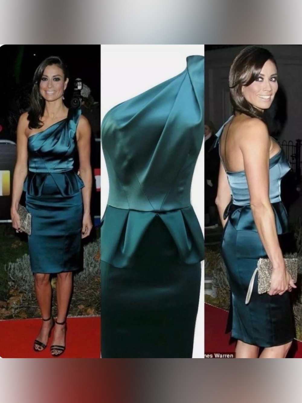 Karen Millen Emerald Satin One-Shoulder Peplum Sheath Cocktail Dress Sz 10 - Picture 2 of 4